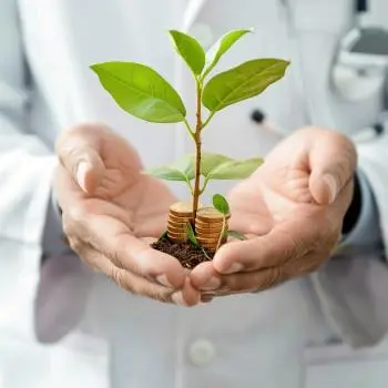 doctor holding a growing plant with gold coins to represent business growth