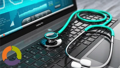 An image of the Dobies Health Marketing circle logo and a doctor’s stethoscope on a laptop to signify tracking technologies and the risk of patient data breaches.