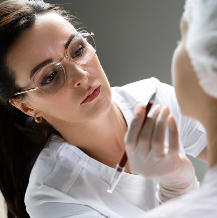 Professional permanent makeup artist and her client during lip blushing procedure