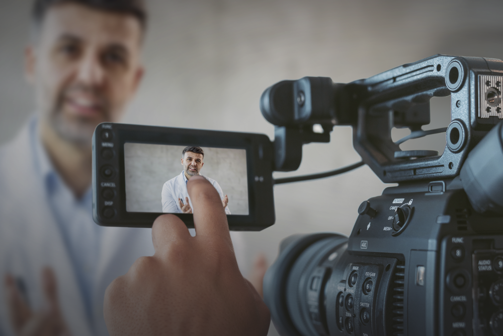 A physician is being filmed for an aesthetics practice marketing video.