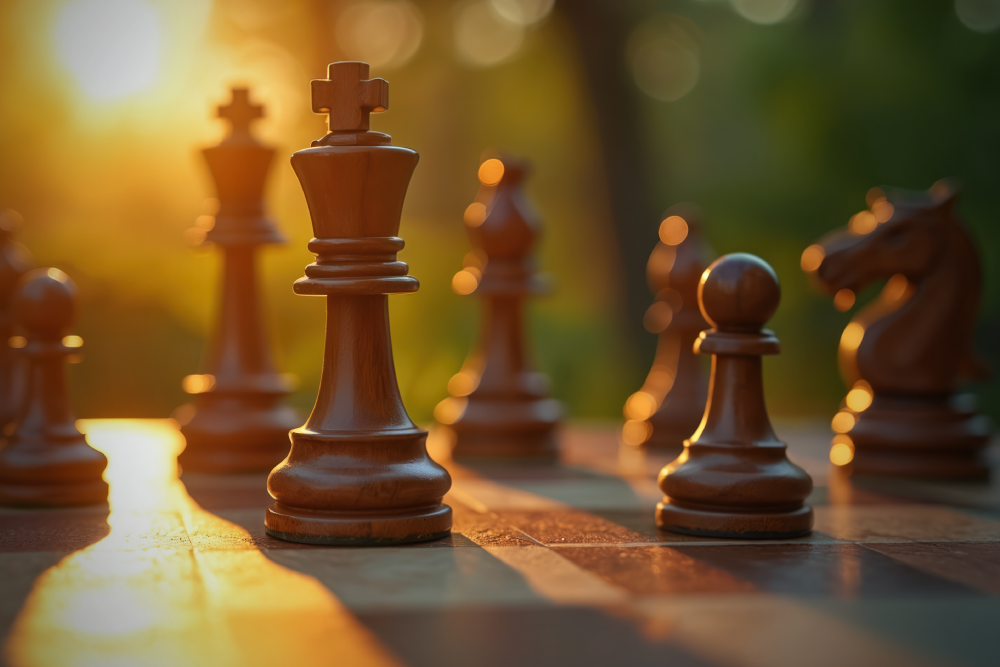 Wooden chess pieces on a chessboard at sunset, with a king in sharp focus in the foreground and other pieces softly blurred in the background, symbolizing strategy and leadership.