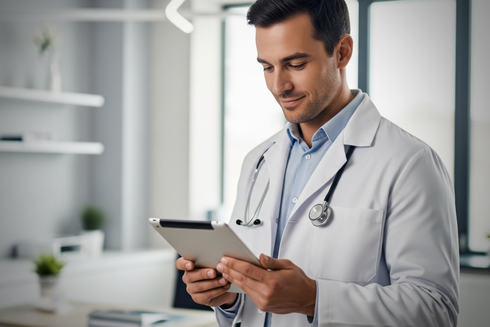 Image of Male Doctor looking at tablet with text that says, “BLOG: The Hospital Digital Trust Stack, Explained”