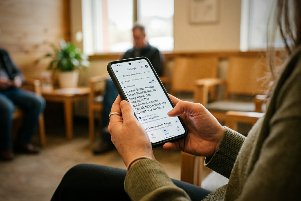 person holding phone with AI generated search result on screen