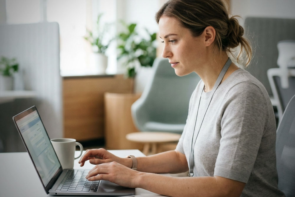 woman sitting at a desktop working at a computer