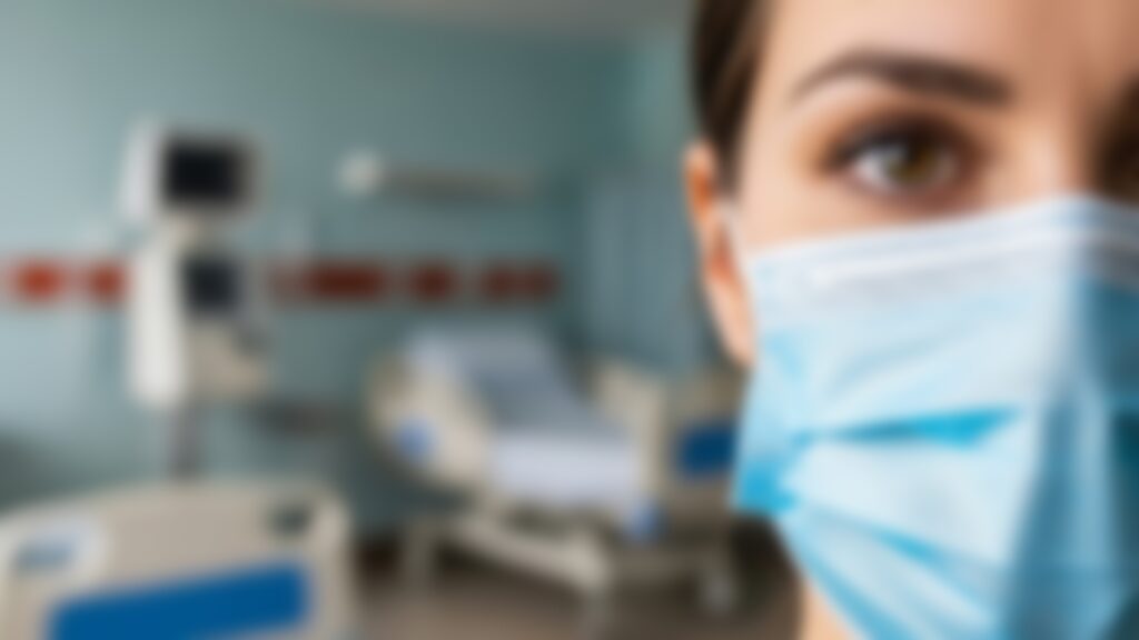 Healthcare professional wearing a surgical mask in a clinical setting with medical equipment in the background.